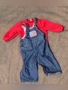 American Girl Doll USA overalls with red top